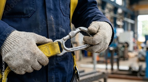 Close-up of a professional securing industrial safety equipment with a metal carabiner.