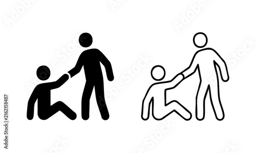 Two people helping each other icon set showing a standing person pulling a sitting friend up with hand support