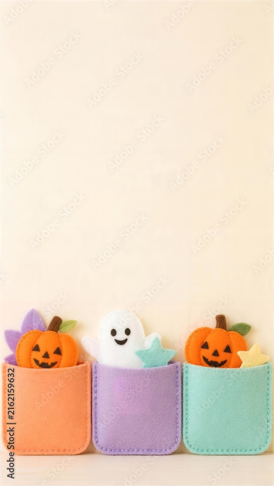 Fototapeta premium フェルトポケットに入ったかぼちゃとおばけのハロウィン壁面飾り