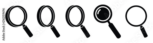 Minimal magnifying glass search icon set featuring exploration symbols for web, research, discovery, navigation and analysis.