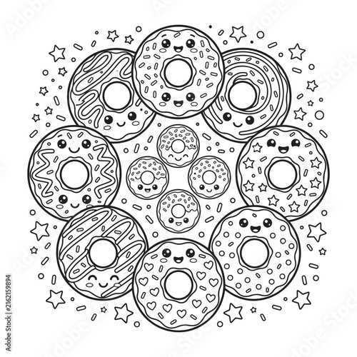 Canvas Print Kawaii donut coloring page with smiling faces, sprinkles, and stars