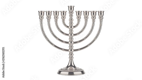 A classic silver menorah, a nine-branched candelabrum used during the Jewish holiday of Hanukkah, stands majestically on a white background.