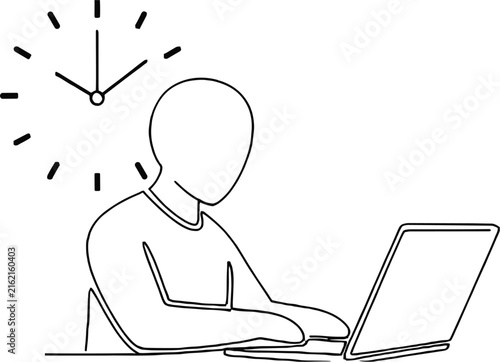 Minimalist continuous line of a person sitting at a desk working on a laptop computer with a large wall clock behind them