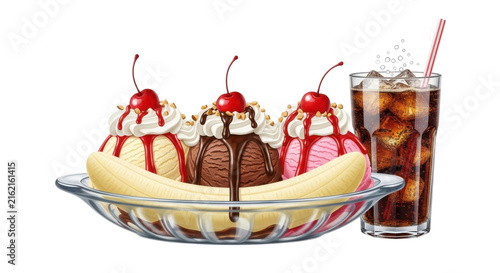 Banana Split Ice Cream Sundae with a Glass of Cola