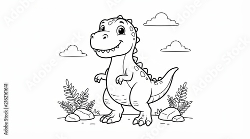 Cute cartoon dinosaur standing in a landscape for children coloring page
