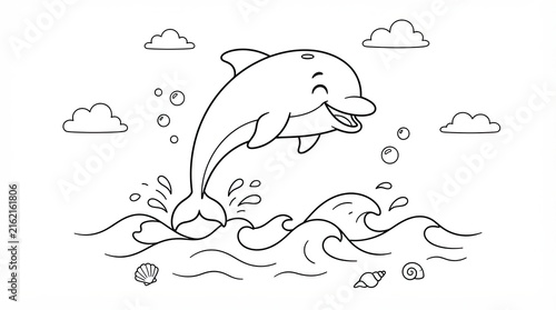 Cute cartoon dolphin jumping in the ocean waves coloring page for kids