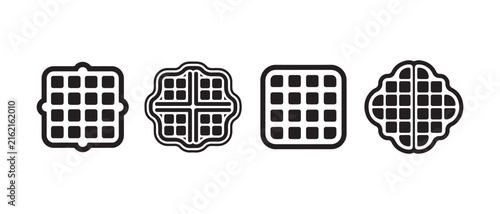Set of four waffle icons in black outline style for breakfast menu design.
