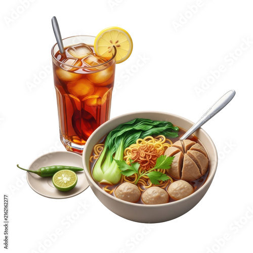 Bowl of Indonesian Meatball Noodle Soup with Iced Tea