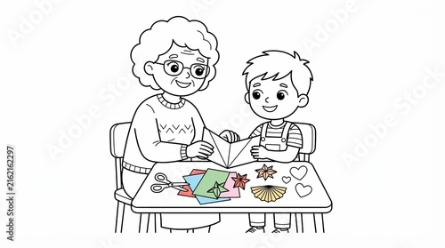 Grandmother and little boy doing paper crafts together at a table