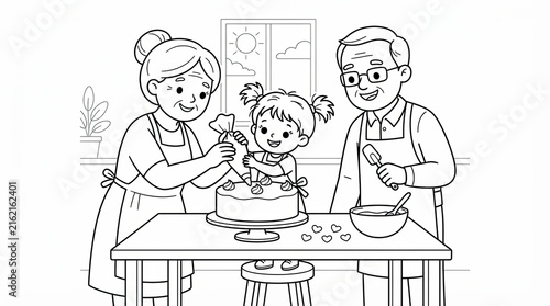 Grandparents and granddaughter decorating a cake in the kitchen