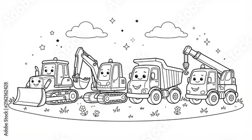 Cute cartoon construction vehicles set for kids coloring page