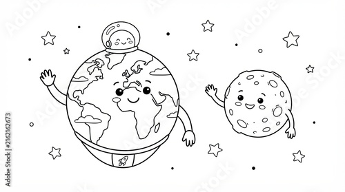 Cute cartoon earth and moon characters waving in space line art drawing