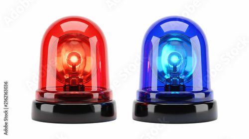 Emergency red and blue siren lights, flashing police beacon lamps on white background, warning signal for law enforcement and security
