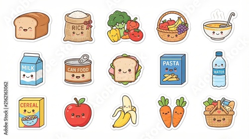 Cute kawaii food icons set with vegetables fruits and grocery items