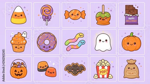 Cute halloween candy and food icon set with kawaii faces and snacks