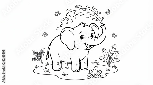 Cute cartoon elephant splashing water for a fun kids coloring page