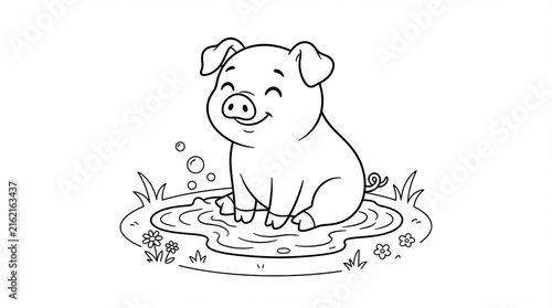 Cute cartoon pig sitting in a mud puddle for coloring book page
