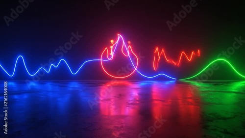 Neon wave icons with fire and crown light symbols.