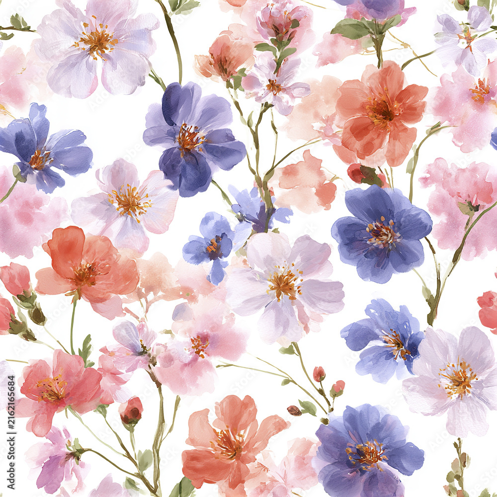 Obraz premium Soft watercolor floral pattern with pink, purple, and coral blossoms creating delicate and elegant design