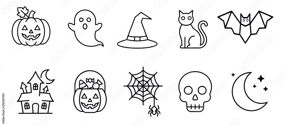 Fototapeta premium Halloween spooky holiday line icons set featuring pumpkin ghost witch hat cat bat house candy web skull and crescent moon symbols for autumn festival decoration.