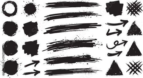 A diverse compilation of grungy brushstrokes splatters directional arrows and various geometric forms presented on a clean white backdrop ideal for artistic design projects