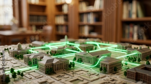 A miniature city map showing institutional buildings linked in a digital network.