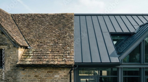 Contrast in Roofing: A side-by-side comparison showcasing the stark difference between an old, weathered stone roof and a modern, sleek metal roof, highlighting renovation and architectural evolution.
