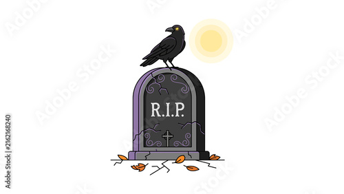 Canvas Print Illustration of a spooky tombstone with a black crow perched on top and autumn l