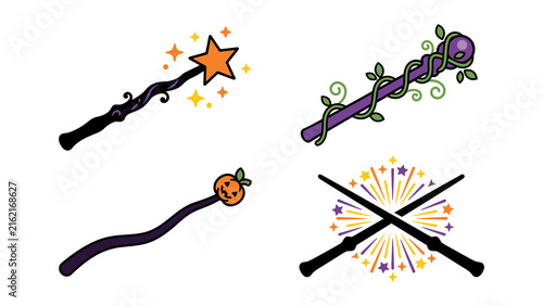 Obraz na płótnie Set of four magical wands with different designs including a star, vines, a pump