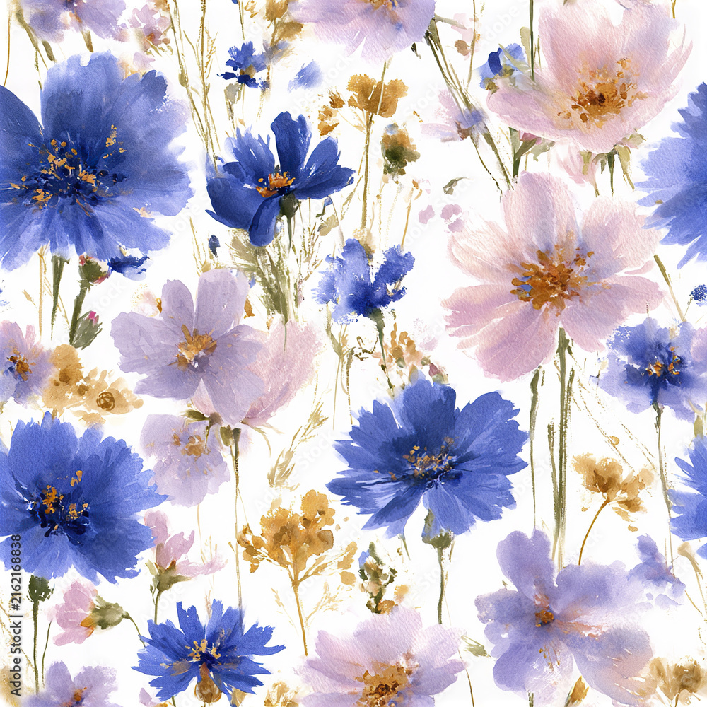 Obraz premium Watercolor floral pattern with vivid cobalt blue and soft pink flowers creating delicate meadow design full of natural beauty