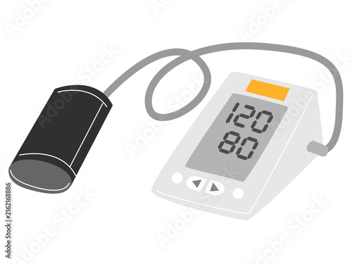 Upper arm blood pressure monitor with cuff showing normal reading／血圧計・上腕式で120/80表示