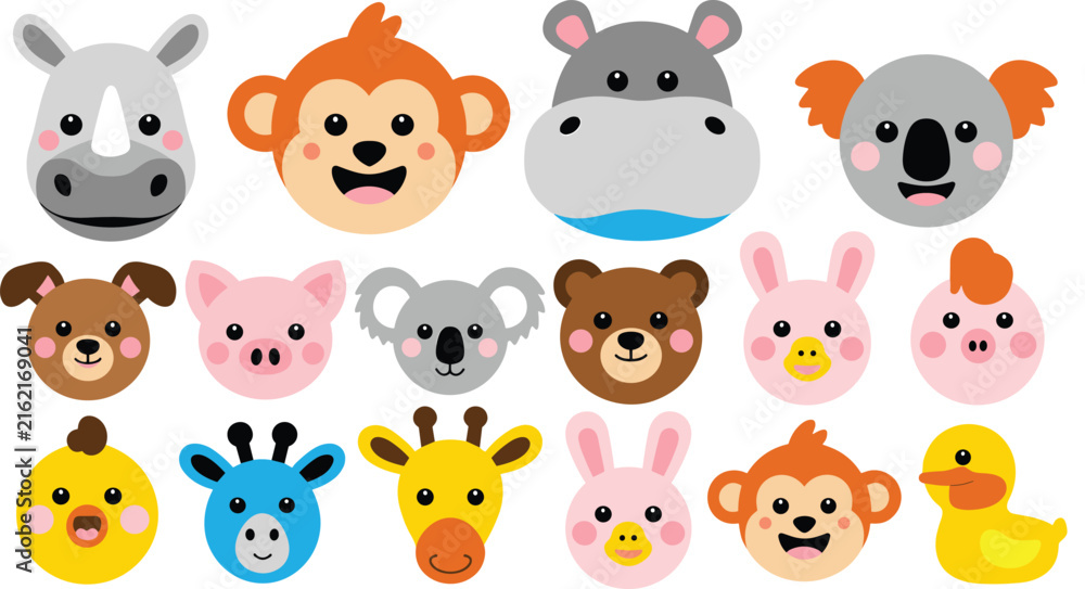 Naklejka premium Cute Cartoon Animal Face Collection Featuring Colorful Zebra, Monkey, Hippo, Koala, Bear, Pig, Rabbit, Giraffe, Duck, and Chick Characters