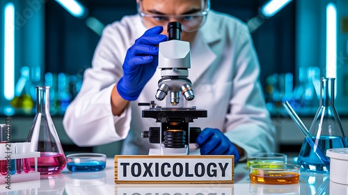 Scientist examining laboratory samples under microscope with toxicology concept