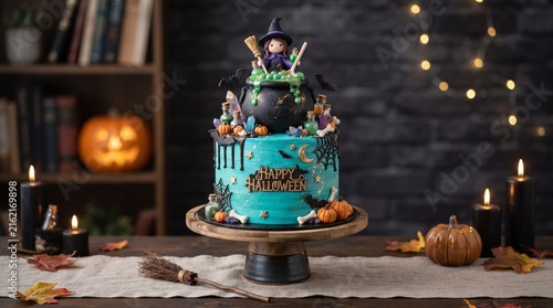 A two-tier Halloween cake featuring a bubbling witch's cauldron, tiny pumpkins, and spiderwebs, set against a dark, spooky background with candles.