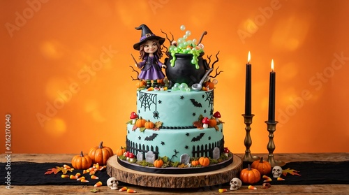 A whimsical two-tier Halloween cake featuring a cute witch topper, a bubbling cauldron, pumpkins, and spooky graveyard decorations on teal frosting.