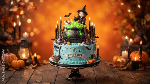 A whimsical two-tier Halloween cake featuring a witch's cauldron, pumpkins, and candles on a wooden table with a warm, festive bokeh background.