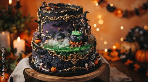 An intricate two-tier Halloween cake featuring a witch, a bubbling green cauldron, skulls, and pumpkins, decorated with gold accents and bats.