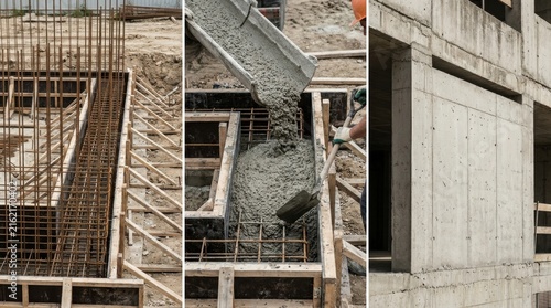 Concrete Construction Collage: A three-panel collage showcasing the stages of concrete construction, from reinforcing steel framework to pouring cement and the finished concrete structure.