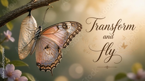 Transformation and Growth Concept: Butterfly Emerging from Chrysalis on a Branch with Inspirational Text 'Transform and Fly' and Spring Blossoms