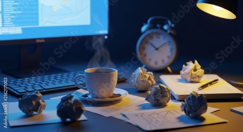 An overflowing workspace illuminated by flickering blue monitor light, featuring cold coffee, crumpled papers, and a ticking clock at night, productivity, lonely, atmosphere