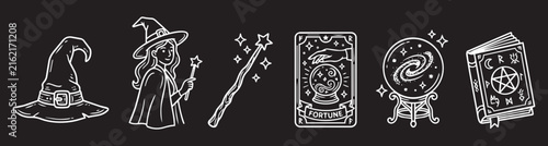 Foto Witchcraft magic line icon set vector, mystical occult symbols collection with w