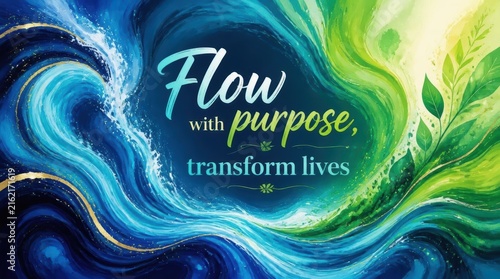 Inspirational Quote Abstract Art: Flow with Purpose, Transform Lives with Vibrant Blue and Green Fluid Background