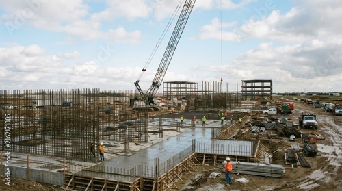 Construction Site Progress: A sprawling construction site bustles with activity as a large crane towers over partially erected steel structures and concrete foundations.