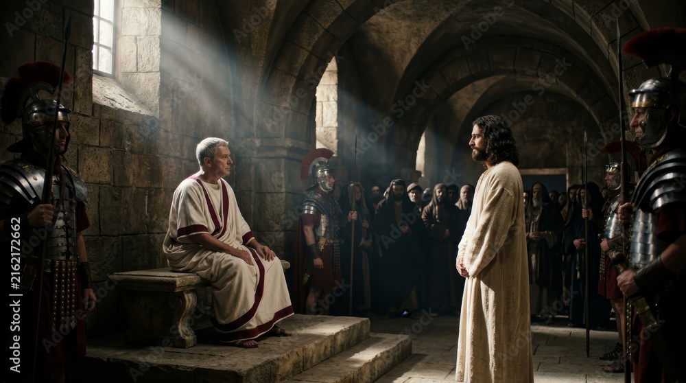 Fototapeta premium Roman soldiers observe as Jesus faces Pontius Pilate in a historical judgment scene.