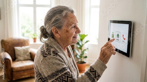 Smart Home Convenience: An elderly woman uses a touchscreen panel to control smart home features, demonstrating ease of use and modern technology integration for enhanced living.