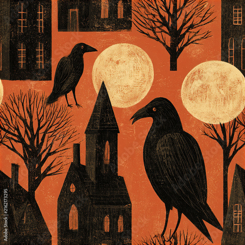 Halloween crow pattern with full moon, spooky trees, and haunted houses in retro mid century style, eerie and atmospheric