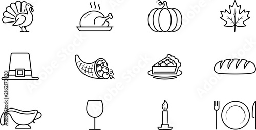 Thanksgiving thin line icon set featuring turkey bird pumpkin cornucopia pie slice pilgrim hat gravy boat and autumn harvest dinner outline elements vector illustration