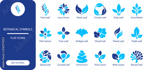 Botanical symbols icon set. Silhouette vector illustration of leaves, plants and nature glyphs for design