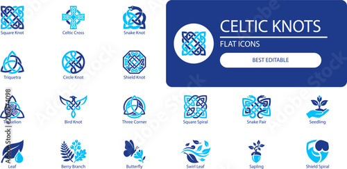 Celtic knots icon set. Black silhouette vector collection of trinity, cross, snake and nature symbols for heritage design