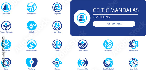 Celtic mandalas icon set. Outline vector collection of knotwork, spirals, and triskel symbols for spiritual design